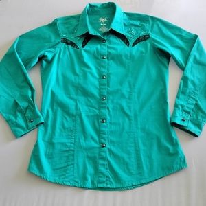 Rock 47 By Wrangler Woman Color Aqua  Pearl Snap Western Embroidery Shirt Size L